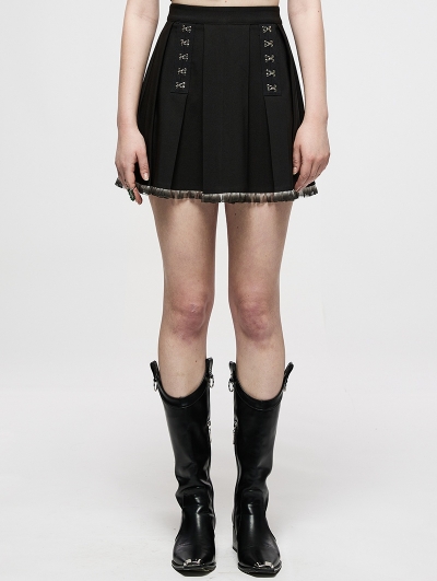 Black Gothic Punk Metal Buckle Pleated Short Skirt