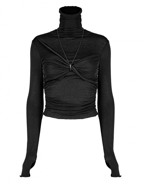 Black Gothic Asymmetrical Bow Chain Long Sleeve T-Shirt for Women ...