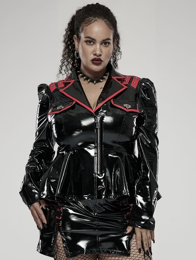 Black and Red Gothic Punk Military Stretch PU Leather Plus Size Jacket for Women