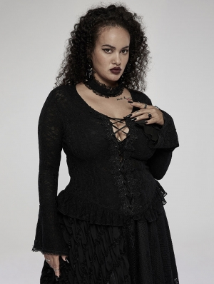 Black Romantic Gothic Sexy Lace Long Sleeve Plus Size Shirt for Women