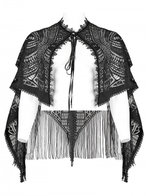 Black Gothic Plus Size Retro Lace Tassel Shawl