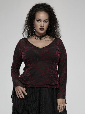 Black and Red Gothic Daily Wear V-Neck Mesh Plus Size T-Shirt for Women