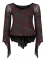 Black and Red Gothic Daily Wear V-Neck Mesh Plus Size T-Shirt for Women