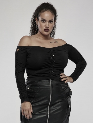 Black Gothic Off-the-Shoulder Long Sleeve Knit Plus Size T-Shirt for Women