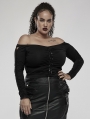 Black Gothic Off-the-Shoulder Long Sleeve Knit Plus Size T-Shirt for Women