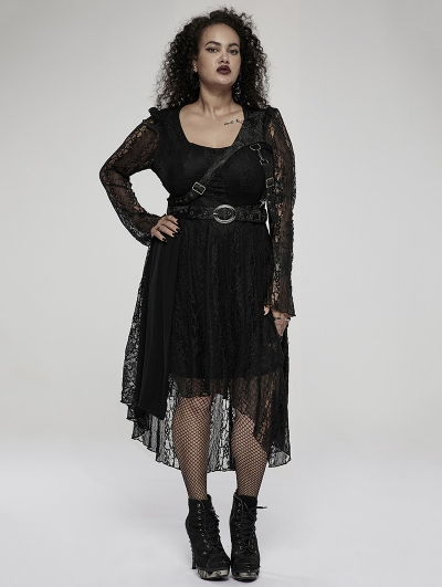 Black Gothic Punk Belt Long Sleeve High-Low Lace Plus Size Dress