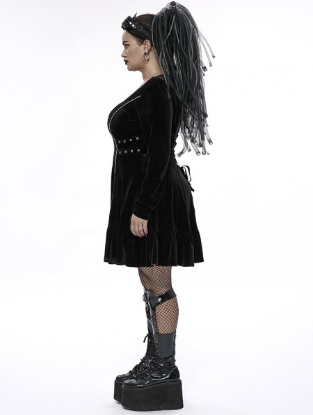 Women's Plus Size Gothic Black Velvet Short Collared Dress – Punk Design