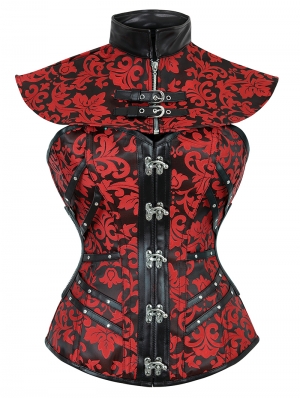 Red Gothic Vintage Floral Steampunk Corset with Collar