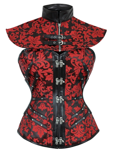 Red Gothic Vintage Floral Steampunk Corset with Collar