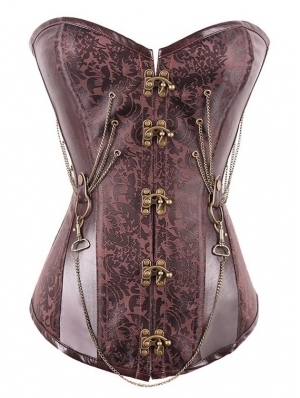 Brown PU Leather Brocade Overbust Steampunk Corset