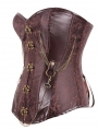Brown PU Leather Brocade Overbust Steampunk Corset