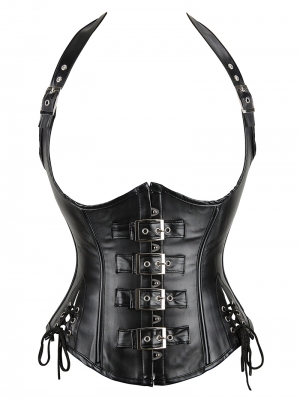 Black Halter PU Leather Underbust Gothic Corset