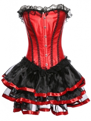 Black and Red Sexy Lace Trim Overbust Gothic Burlesque Corset with Skirt