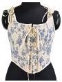 Blue Floral Pattern Vintage Victorian Lace Up Overbust Corset Crop Top