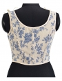 Blue Floral Pattern Vintage Victorian Lace Up Overbust Corset Crop Top