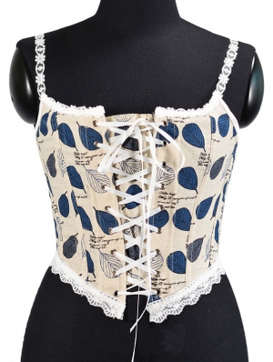 Blue Leaf Print Lace Trim Vintage Victorian Cropped Overbust Corset Top