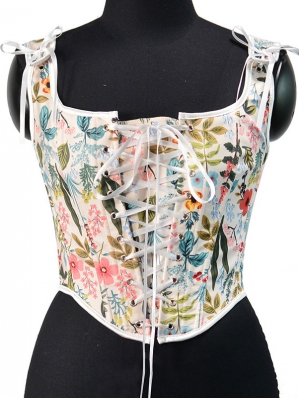 White Floral Print Retro Victorian Overbust Waist Training Corset Top