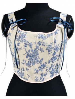 Blue Orchid Print Retro Short Overbust Victorian Camisole Corset Top