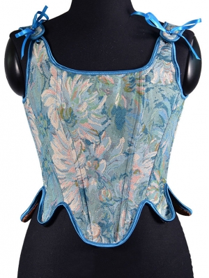 Blue Chrysanthemum Print Retro Victorian Irregular Overbust Corset Top