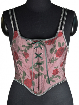 Pink Pattern Vintage Lace Up Renaissance Floral Corset Top