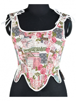 Butterfly Rose Print Vintage Victorian Lace Up Overbust Corset Crop Top