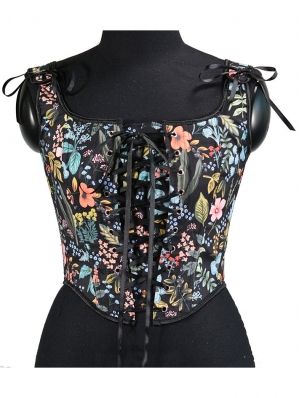 Black Floral Print Retro Victorian Overbust Waist Training Corset Top