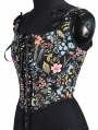 Black Floral Print Retro Victorian Overbust Waist Training Corset Top