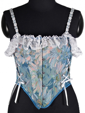 Blue Oil Painting Print Lace Ruffled Waist Training Victorian Corset Crop Top