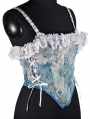 Blue Oil Painting Print Lace Ruffled Waist Training Victorian Corset Crop Top