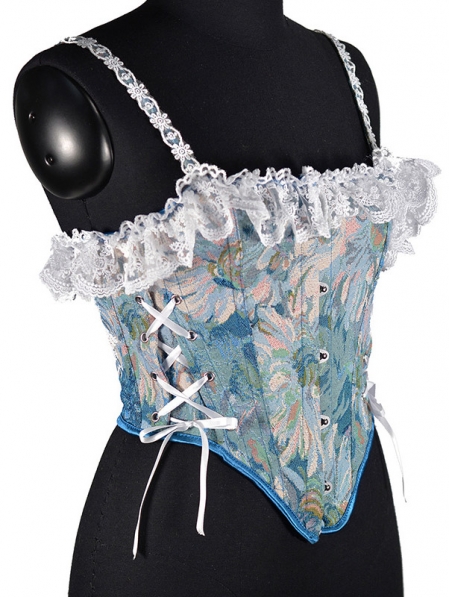 Blue Oil Painting Print Lace Ruffled Waist Training Victorian Corset ...