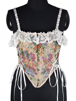 Beige Floral Print Lace Ruffled Waist Training Corset Crop Top