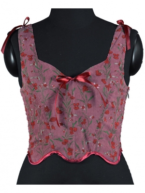 Red Floral Corduroy V-neck Bow Short Victorian Corset Top