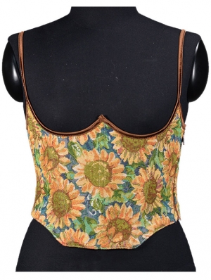 Yellow Sunflower Print Waist Training Underbust Victorian Corset Top