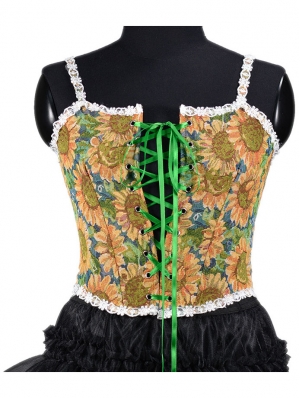 Yellow Sunflower Painting Retro Renaissance Lace Up Overbust Corset Top