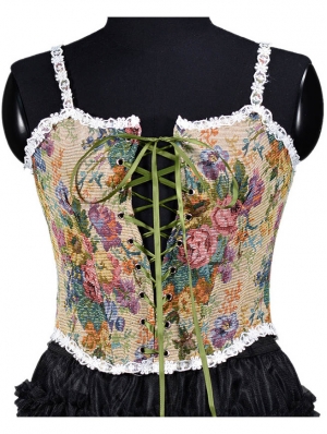 Khaki Floral Lace Trim Slim Fitted Renaissance Overbust Corset Crop Tank Top