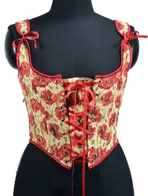 Red Vintage Floral Pattern Sexy Lace Up Victorian Corset Top