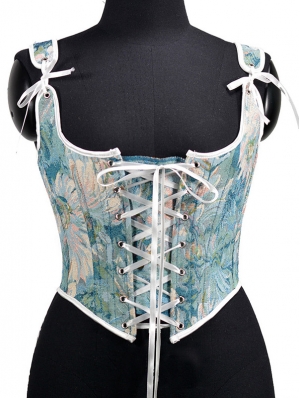 Blue Vintage Painting Embroidery Lace Up Renaissance Floral Corset Top