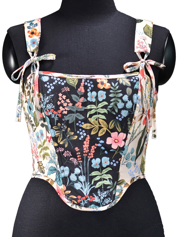 Black and White Printed Lace Up Vintage Floral Corset Top