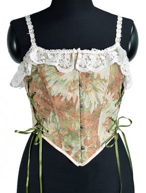Green Floral Printed Lace Ruffles Waist Training Victorian Corset Top