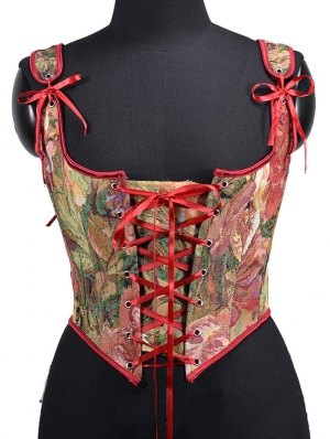 Red Floral Embroidery Sexy Lace Up Short Renaissance Corset Top