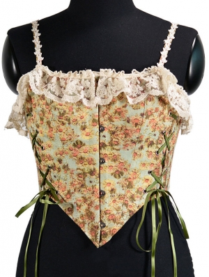 Green and Yellow Print Lace Ruffles Renaissance Floral Corset Top