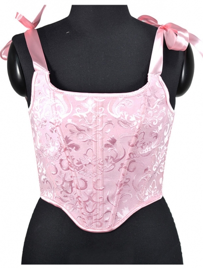 Pink Jacquard Bowknot Lace-Up Cropped Victorian Corset Top