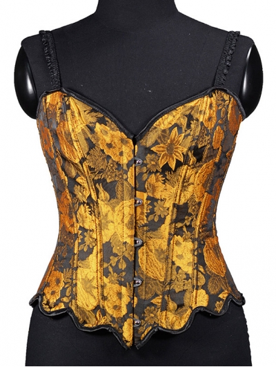 Yellow/Brown Embroidered Sunflower Pattern Overbust Victorian Corset Top