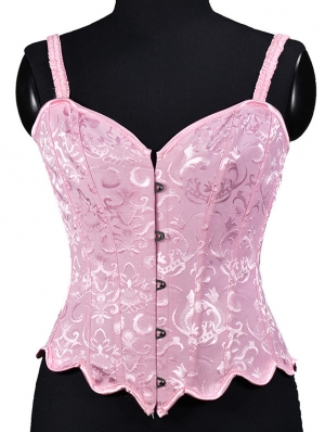 Pink/White Cute Petal Hem Boned Strap Victorian Overbust Corset Top