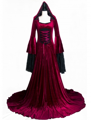 Red Gothic Medieval Vampire Hooded Dress Costume