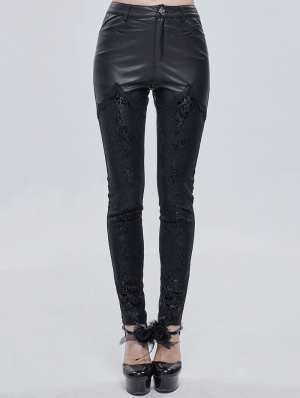 Black Gothic Punk Leather Lace Applique Long Slim Pants for Women