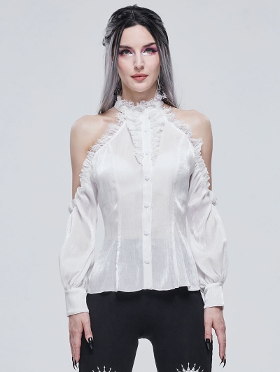 White Elegant Gothic Sexy Off-the-Shoulder Long Sleeve Shirt for Women