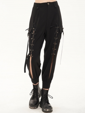 Black Gothic Punk Front Open Buckle Strap Long Cargo Pants for Women