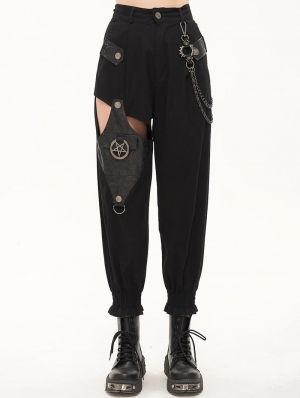 Black Gothic Punk Pentagram Chain Loose Cargo Trousers for Women