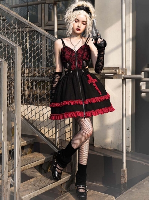 Black and Red Hot Girl Cross Dark Gothic Lolita JSK Dress